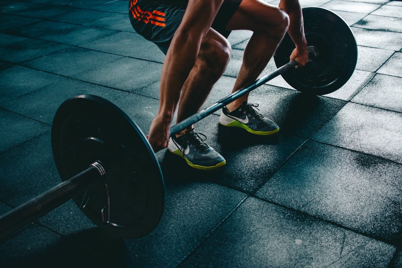 Barbell loaded on a rack in a gym