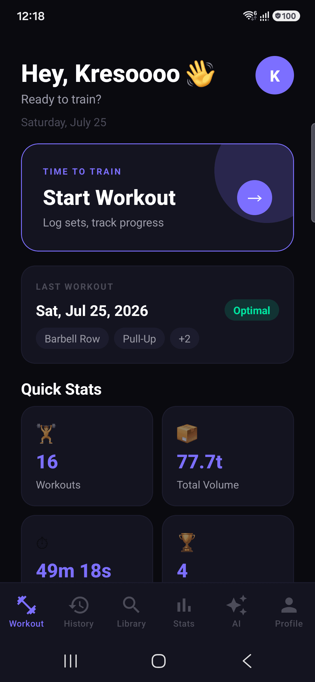 Fit Tracker home screen with Start Workout