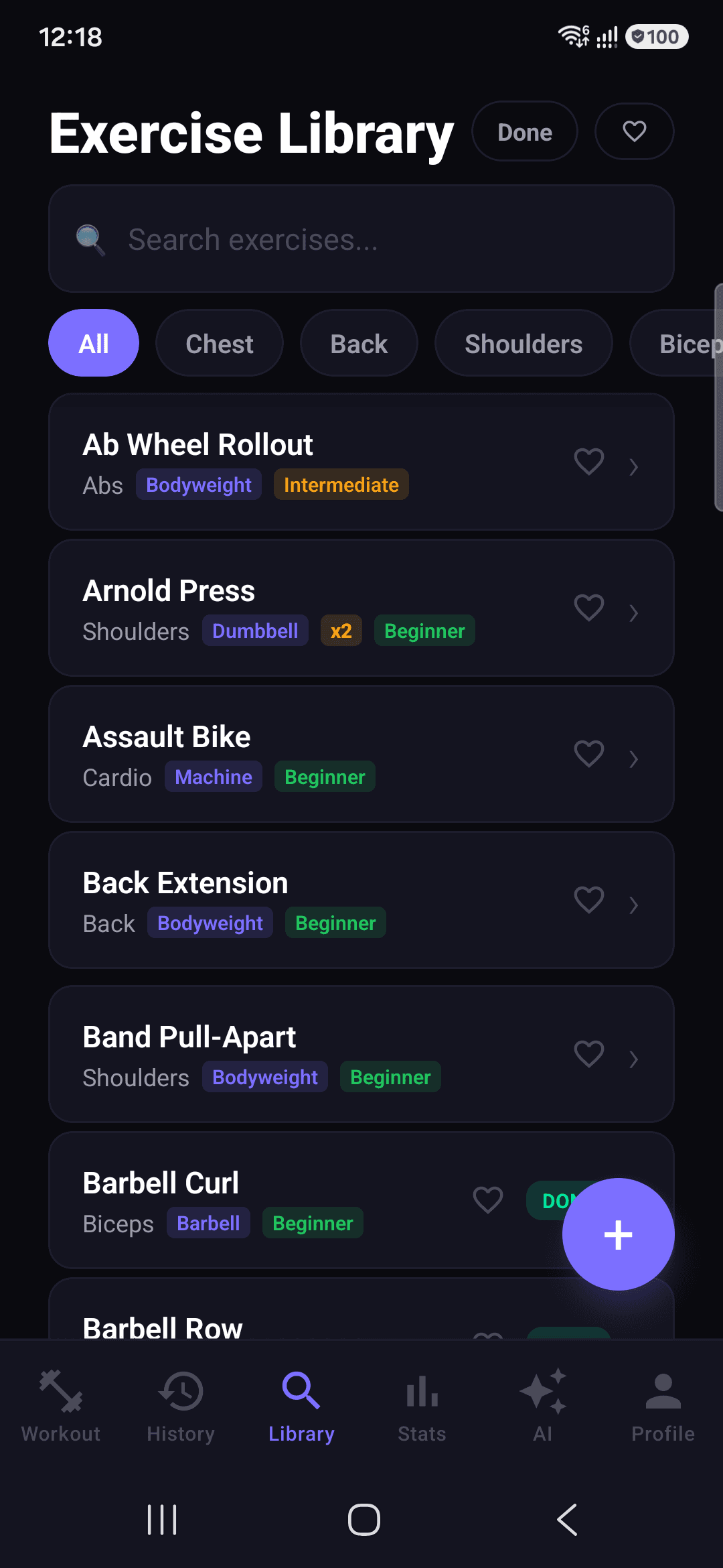 Exercise library with muscle group filters